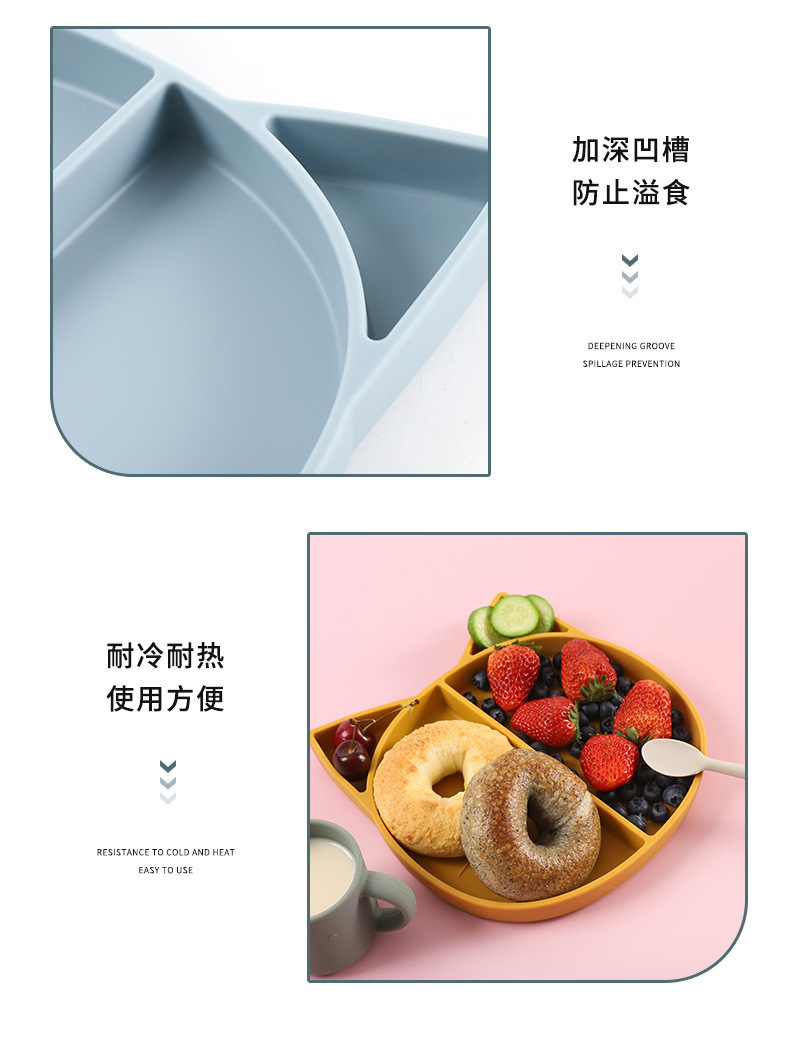 跨境创意小猫硅胶分格餐盘防摔防滑食品级硅胶儿童喂养餐具批发详情8