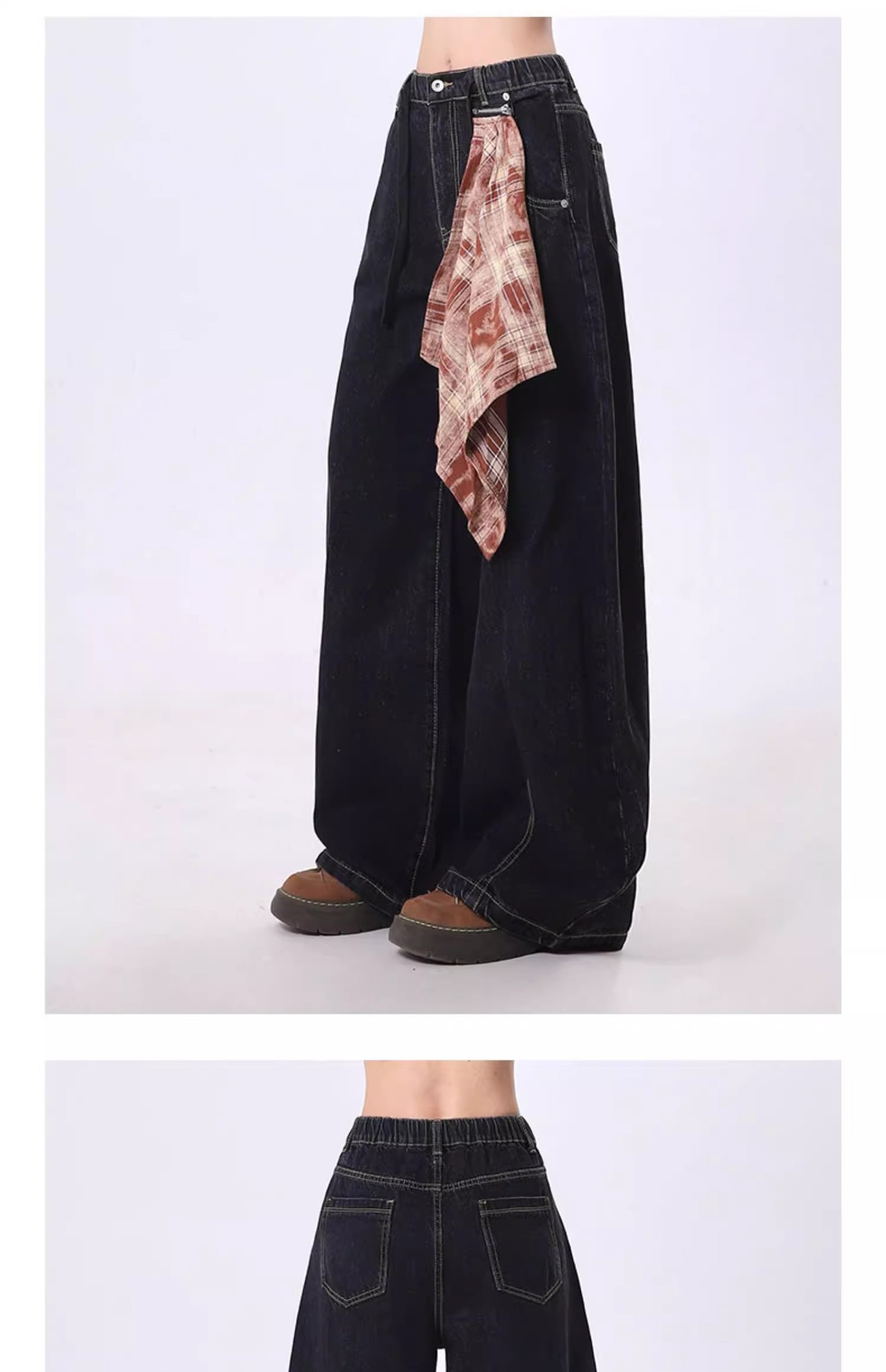 JIAMU牛仔裤男女春季新款美式街头撞色方巾宽松辣妹阔腿弯刀裤潮详情6