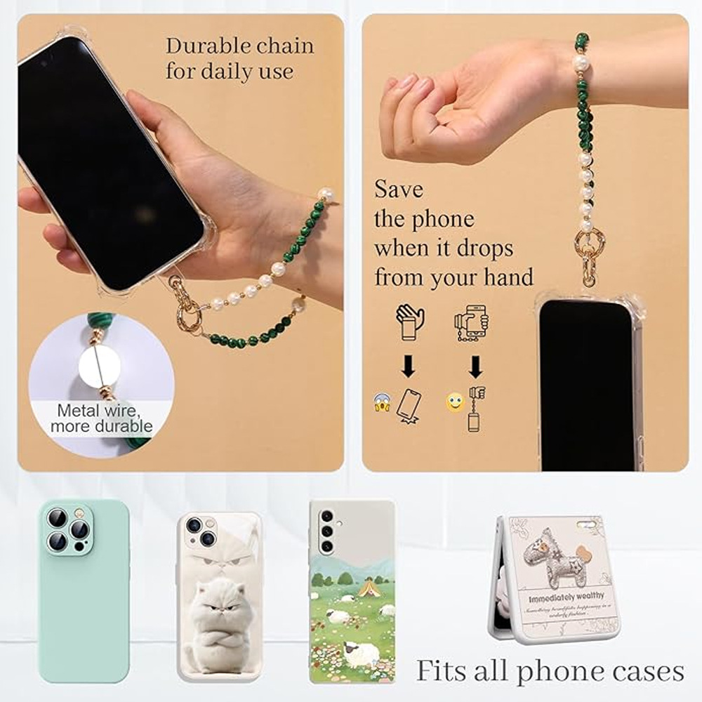 New colored round bead malachite mobile phone chain pendant, handcrafted gemstone agate, high-end beaded wristband for women pic 9