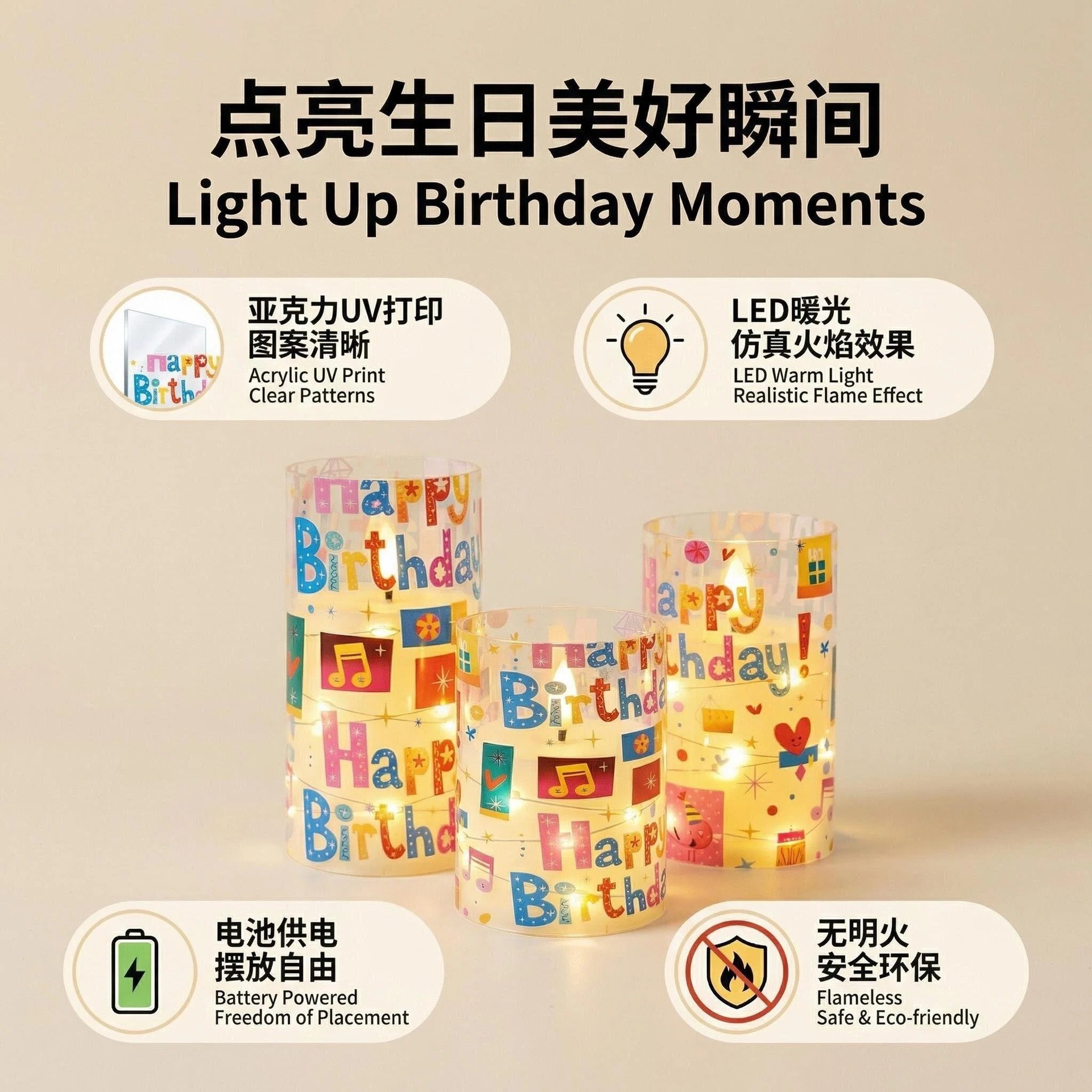 Uv-printed new HAPPY replaceable pattern luminous decorative candle 7.5 electronic candle factory direct sales pic 1