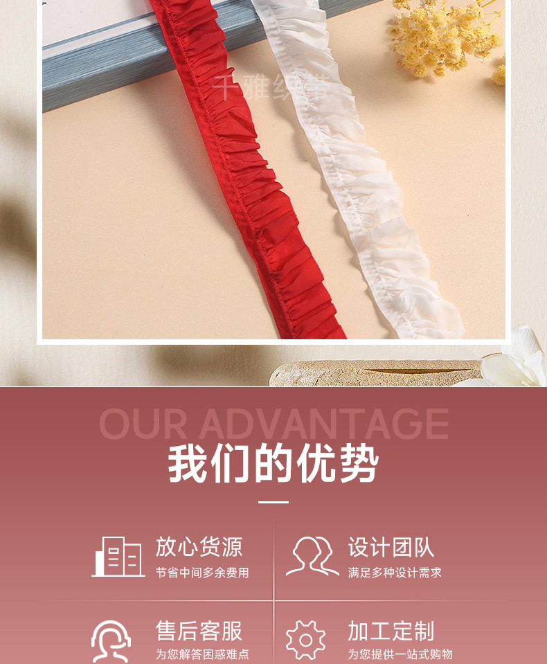 2.5cm高弹单边褶皱木耳边百褶花边服装帽裙边摆抱枕鲜花装饰辅料详情3
