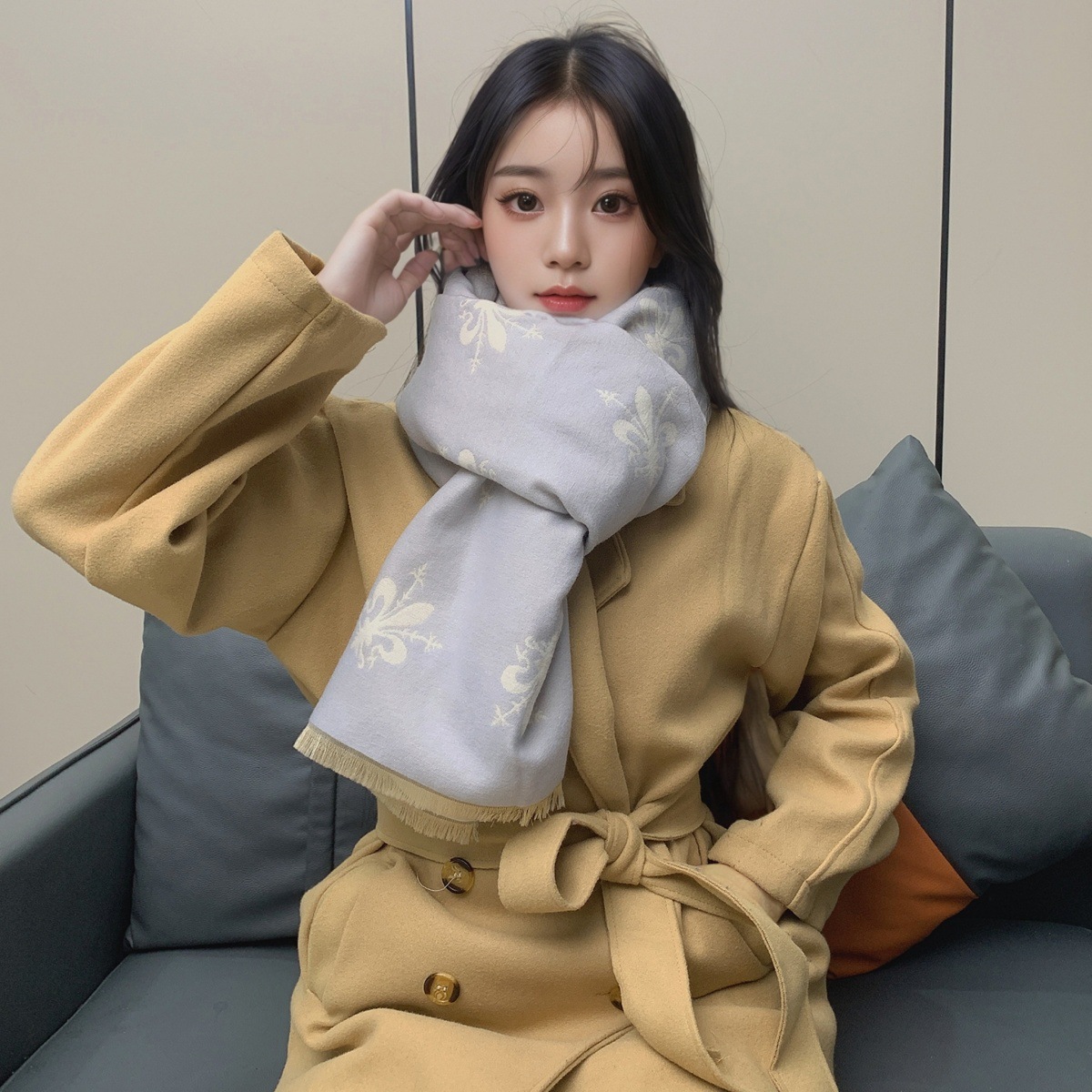 围巾女冬季欧美风格佛罗伦萨鸢尾花披肩加厚百搭双面保暖围脖保暖详情13