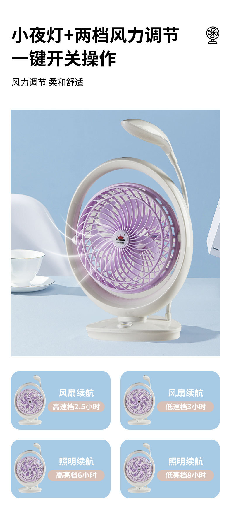 USB蓄电台扇带LED灯充电小风扇2合1学生便携式风扇灯桌面台灯风扇详情4