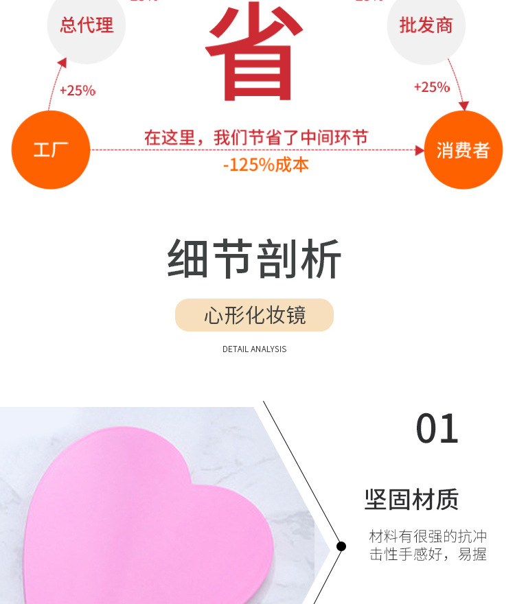 厂家直供少女心形镜子小清新创意手柄镜礼品化妆镜现货小百货批发详情6