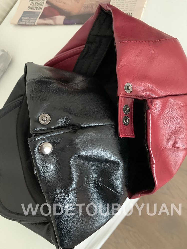 Red retro leather front hat, Korean style versatile duck tongue beret, fashionable newsboy cap, face-showing small hat pic 13