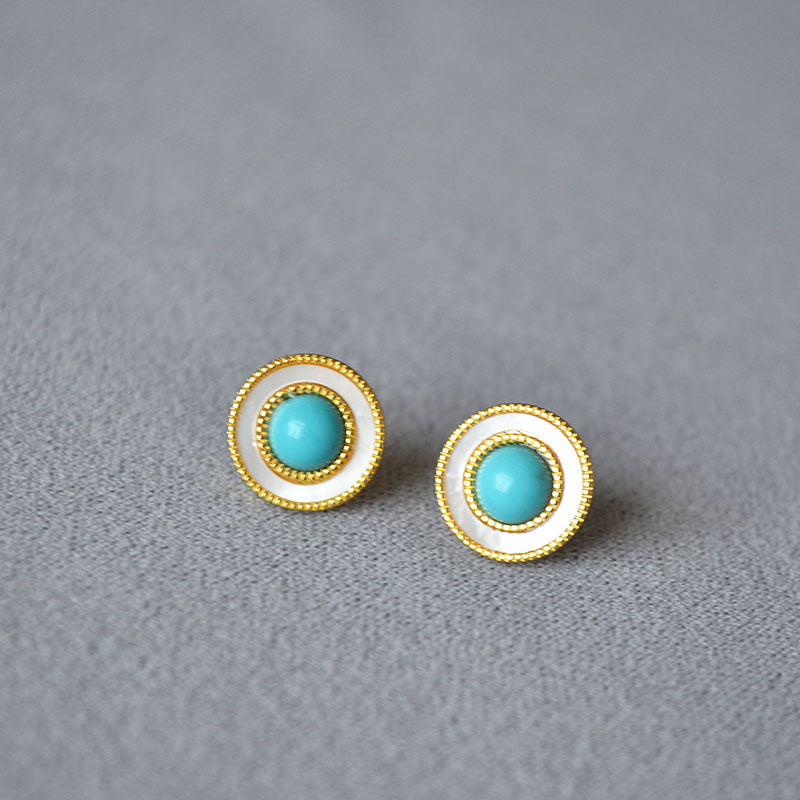 法式复古白色贝母镶嵌绿松石金珠花边气质简约925银针圆耳钉耳饰详情4