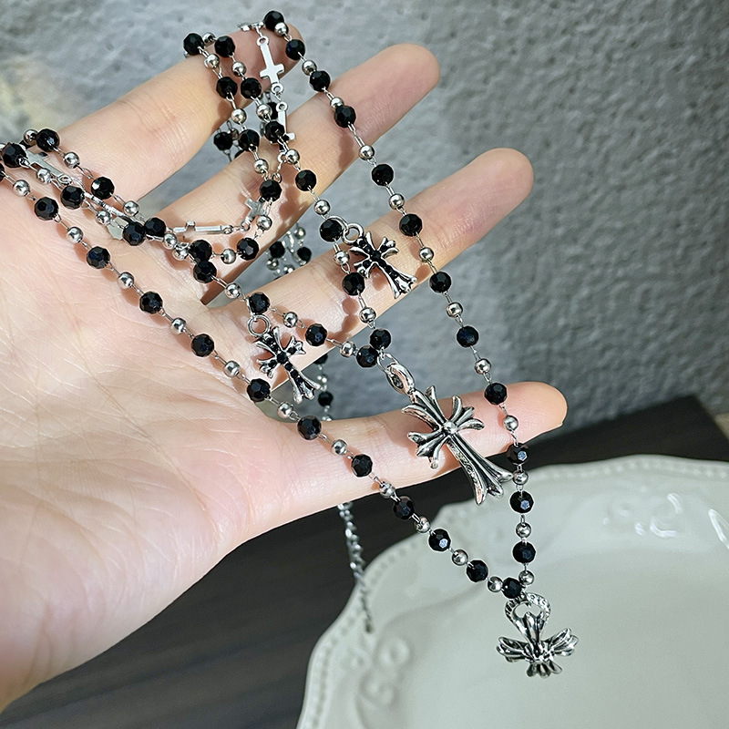 Retro cross-flower pendant black bead necklace, multi-layer layered punk, ins style, high-end collarbone chain, hot girl necklace pic 8