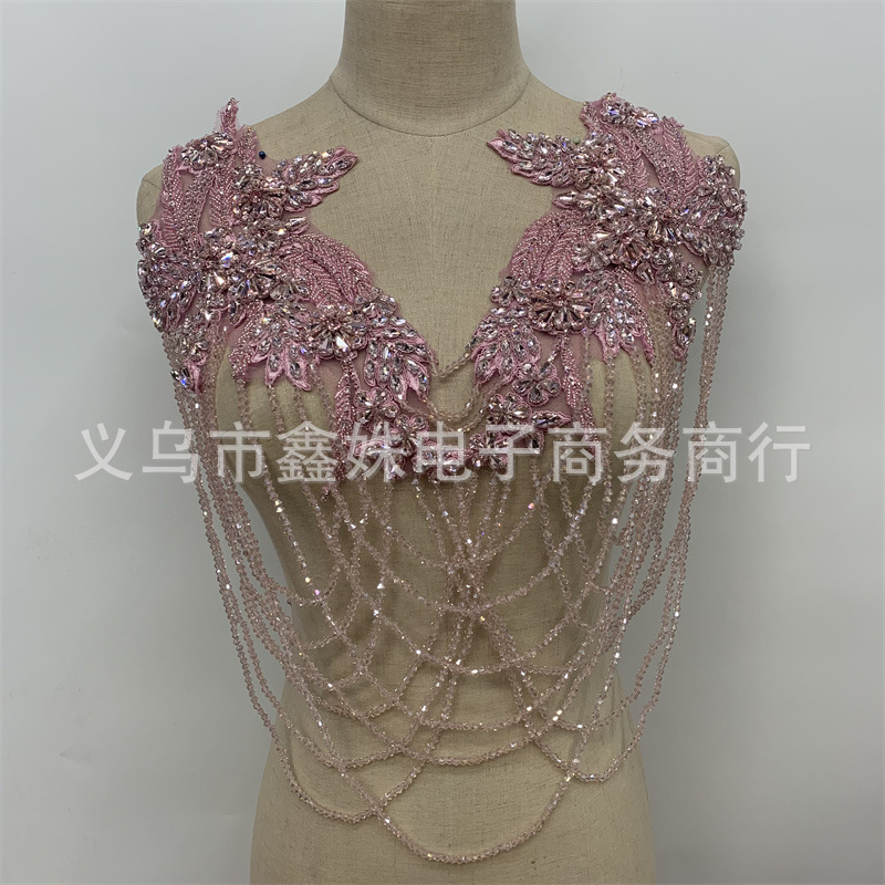 Handcrafted beaded tassel shoulder decoration for wedding gowns and evening gowns, handcrafted silver lace applique pic 2