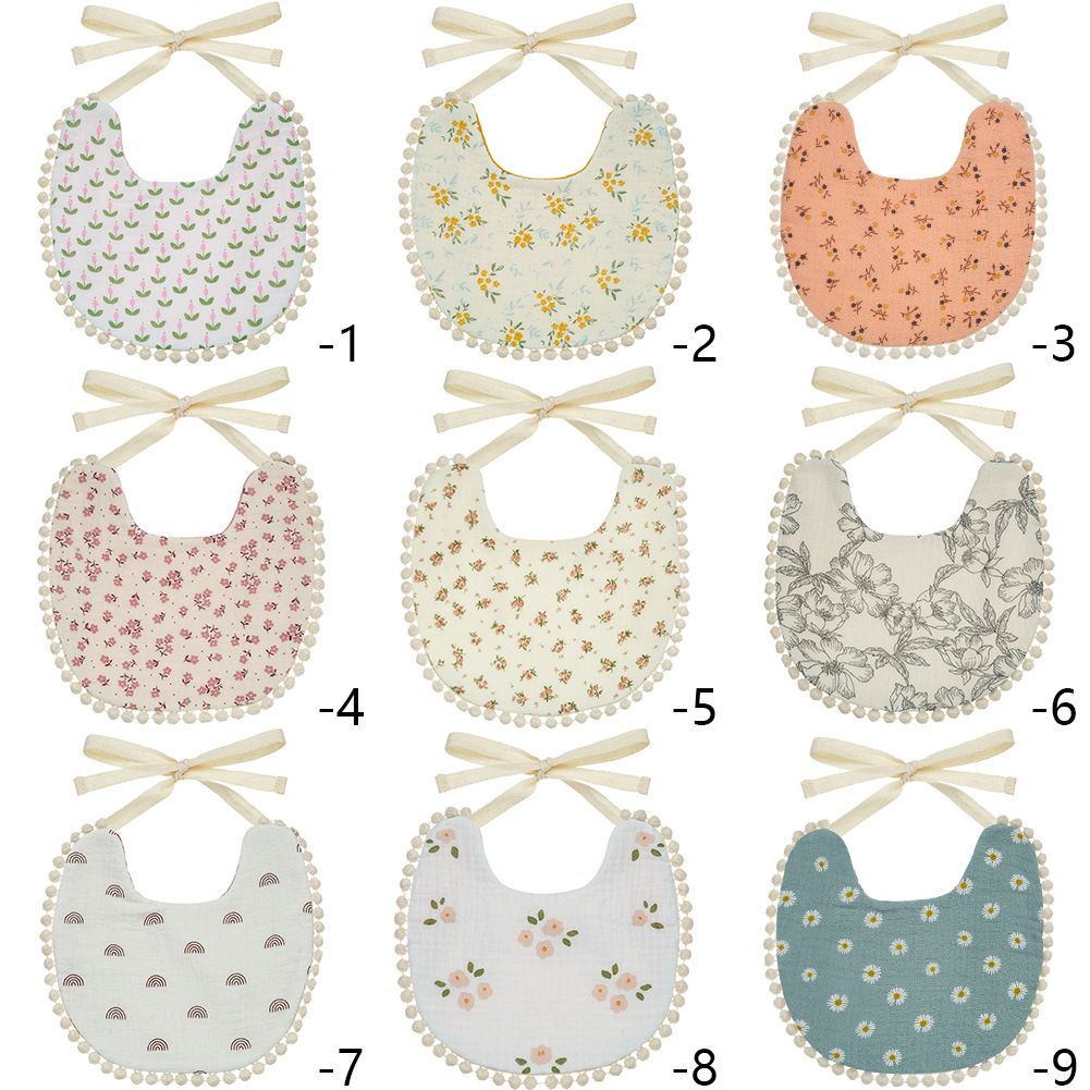 跨境新款宝宝围兜韩系小碎花儿童双面口水巾皱布棉婴幼儿系绳围嘴详情13