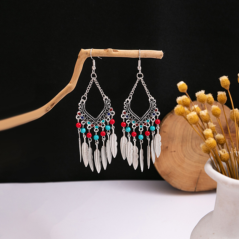 欧美波西米亚蓝松石民族风耳钉 仿苗银金属耳坠复古流苏耳饰批发详情36