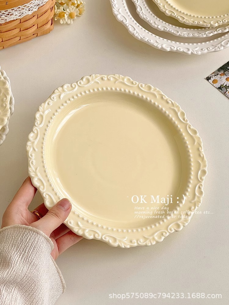 French retro straw hat plate, high-end and light luxury dinner plate, home ceramic vegetable plate, cream-style cake dessert plate pic 4