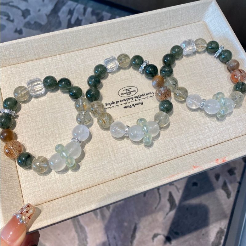 天然绿发晶黑金超白幽灵白水晶方糖手串葡萄石招财喜金水木女详情47