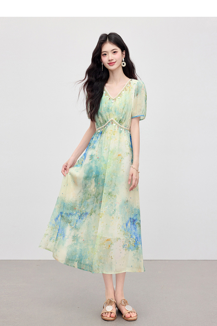 贝壳亮片织带收腰油画晕染裙子女夏小众设计显瘦飘逸波嬉风长裙详情19