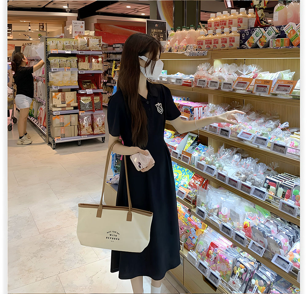 夏季POLO领短袖连衣裙女收腰显瘦过膝长裙学院风中长款休闲A字裙详情23