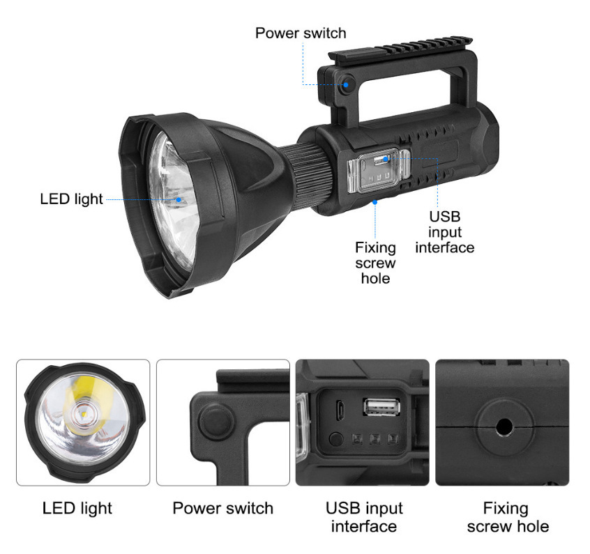 户外强光探照灯支架式多功能照明LED远射防水USB充电手提式手电筒详情7