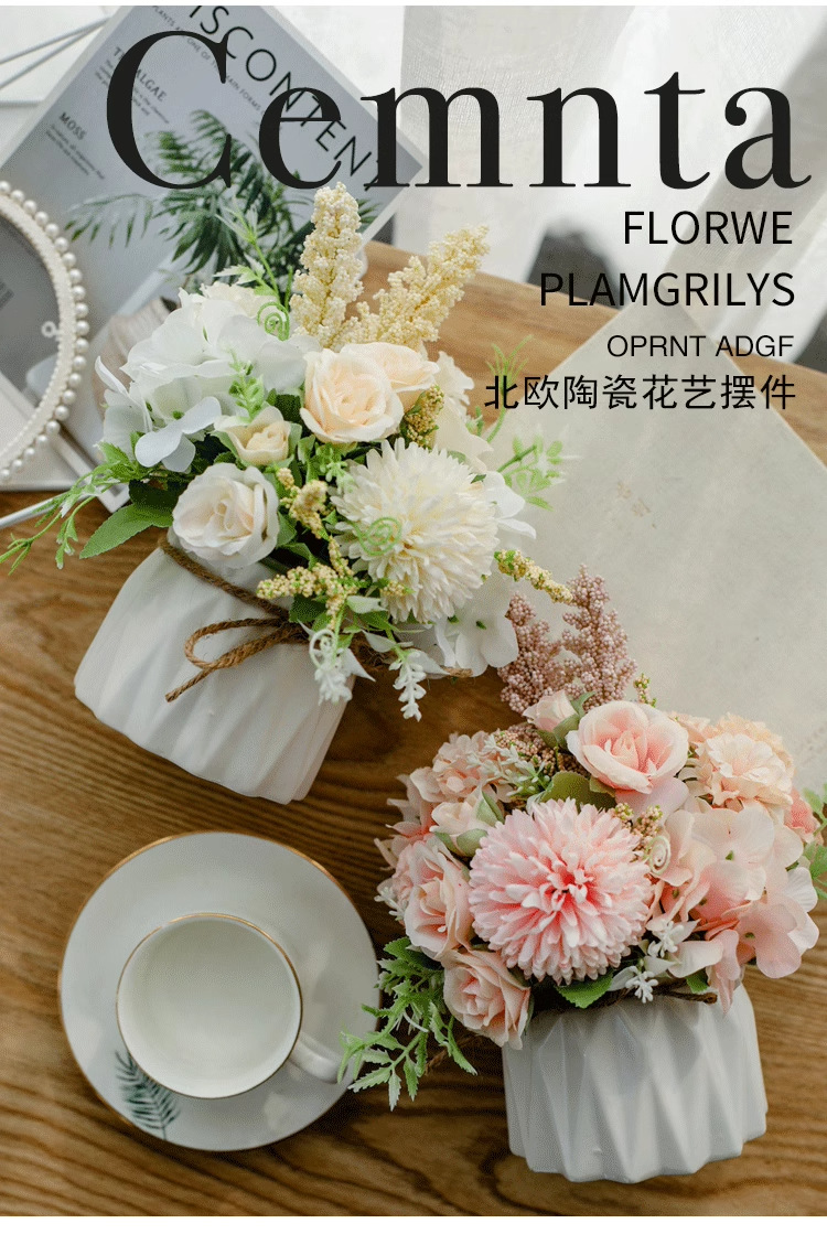 北欧仿真花套装陶瓷麻绳花瓶玫瑰花 仿真植物盆栽家居装饰假花盆详情1