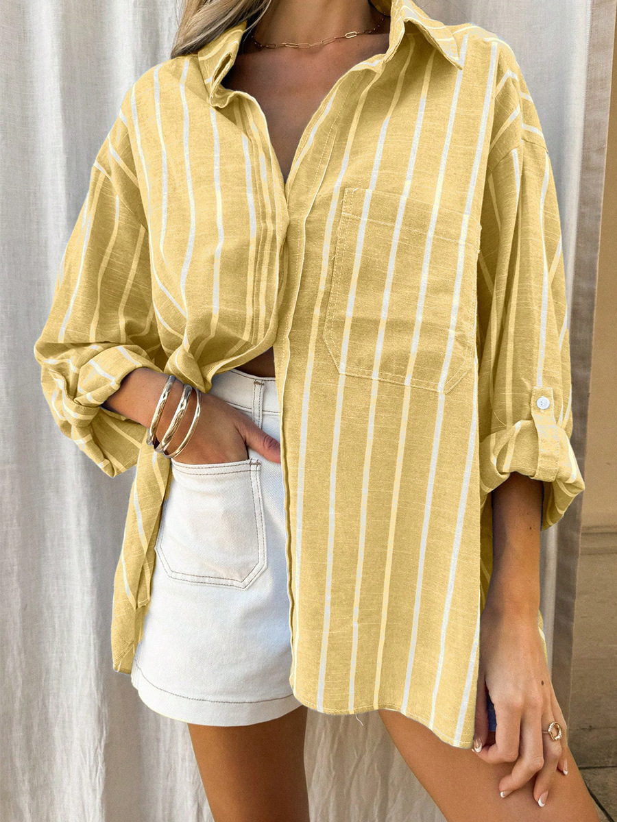 跨境亚马逊欧美条纹衬衫女2025新款气质百搭长袖衬衣开衫宽松女装详情19