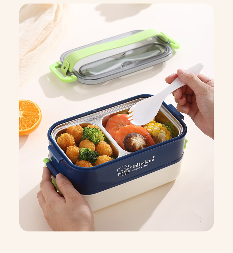 INS304 stainless steel double-layer handle lunch box with cutlery compartments, student lunch box, heating portable lunch box pic 26