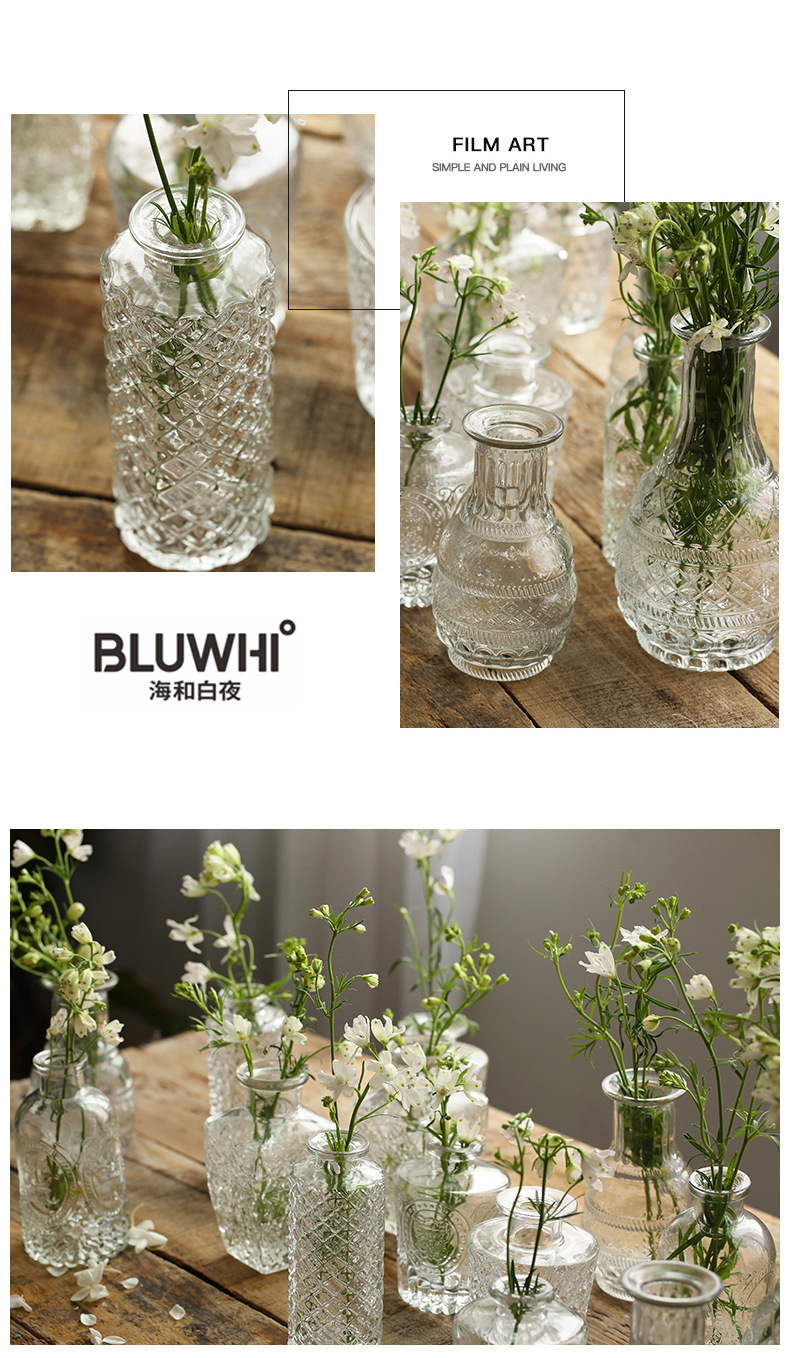 Retro light luxury embossed transparent French glass small vase, ins style home decoration, pocket-sized living room flower arrangement vase pic 16