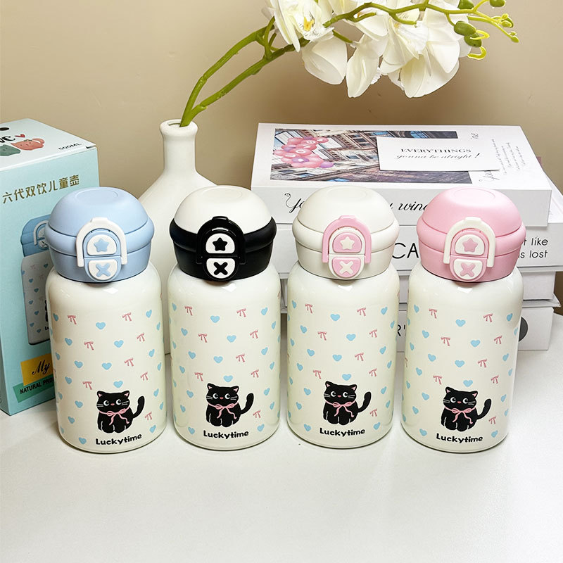 简约小猫保温杯可爱高颜值女生学生吸管杯儿童316不锈钢双饮水杯详情15