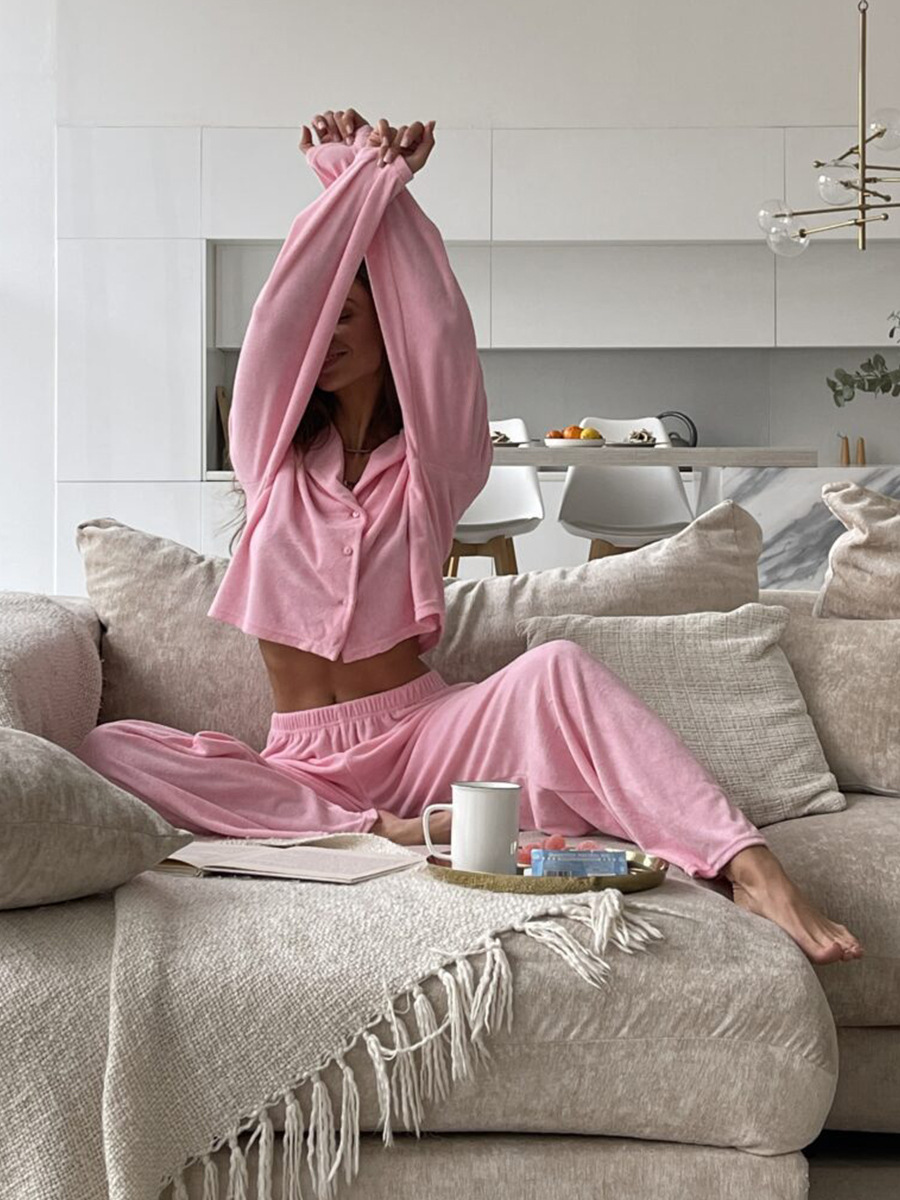 Cross-border pink fleece long-sleeved and long pants pajama set, European and American autumn and winter new cardigan pajamas, comfortable home wear for women pic 4