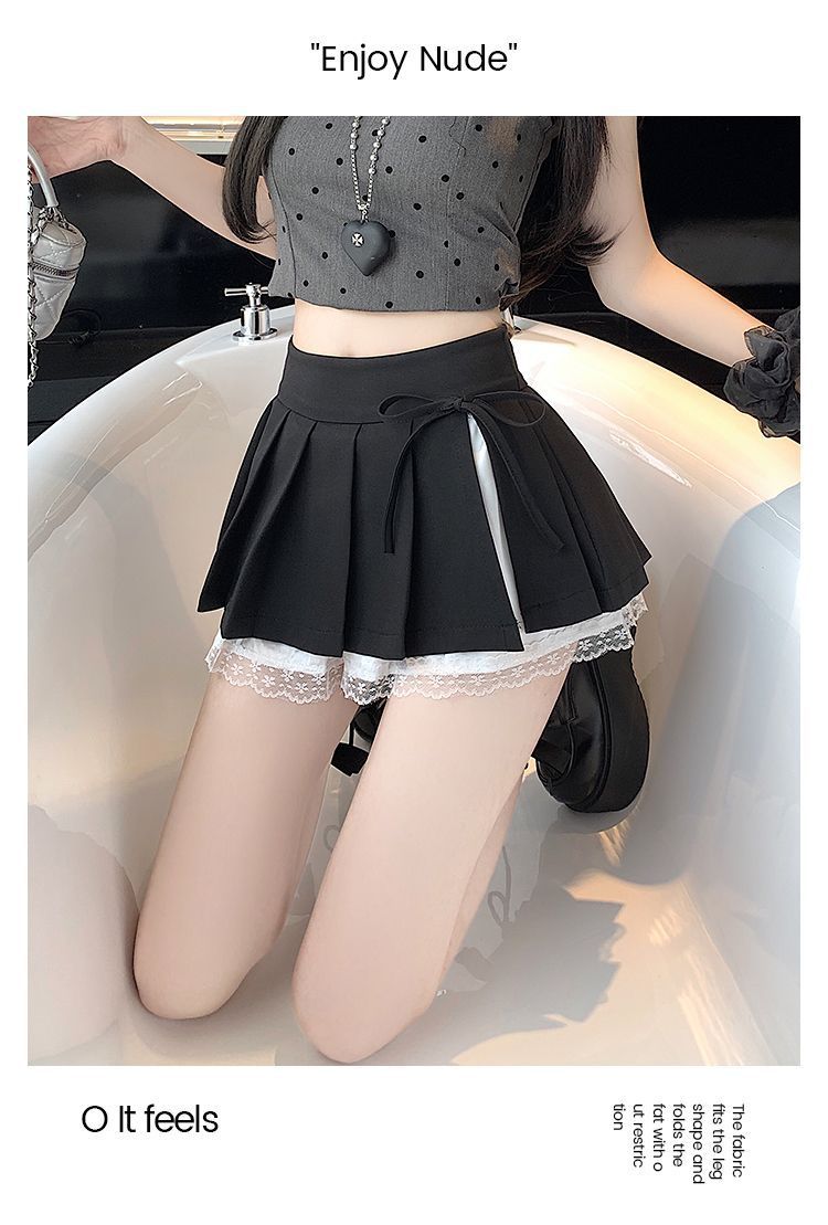 甜美纯欲风百褶半身裙女春夏新款蕾丝拼接蝴蝶结高腰防走光超短裙详情19