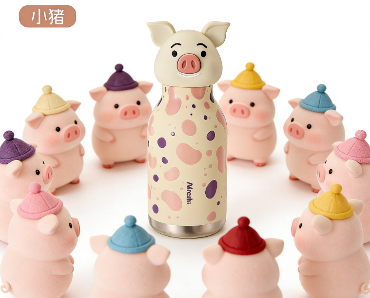 跨境新款TK亚马逊热卖创意可爱小猪卡通公仔国潮儿童女生保温杯详情10