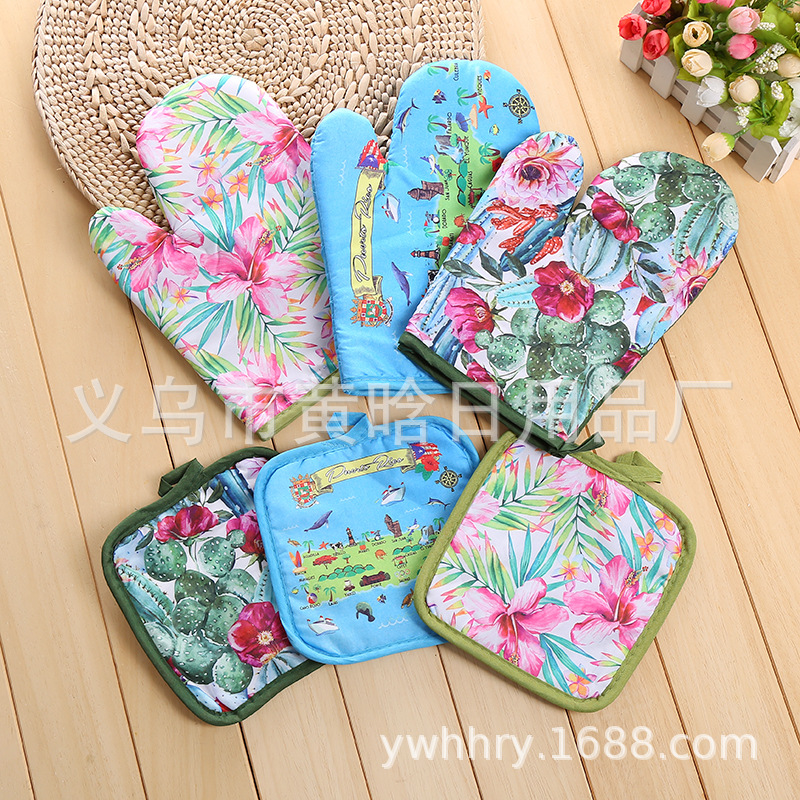 【 Chi Jia 】 Digital Printed Microwave Oven Gloves and Pads Two-piece Set, heat-resistant and high-temperature resistant oven Baking Gift pic 2