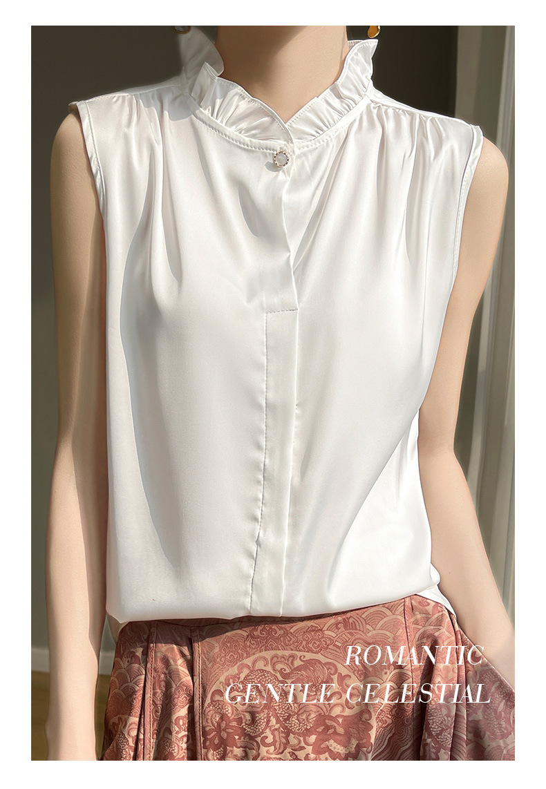 木耳边无袖缎面衬衫背心女立领薄气质衬衫女上衣背心内搭无袖T恤详情5