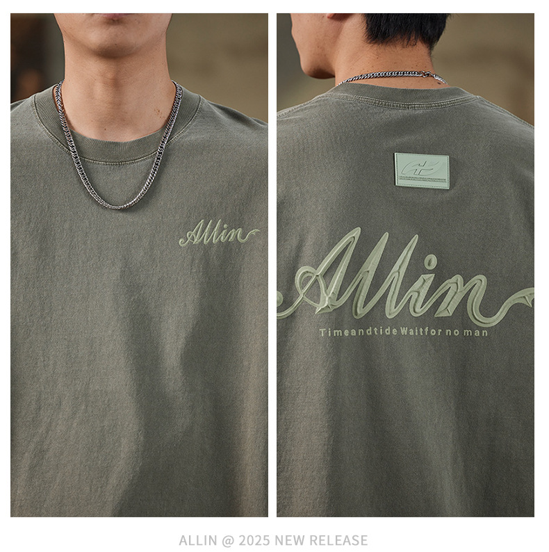 ALLIN pure cotton heavy-duty short-sleeved T-shirt for men, a summer trendy brand with three-dimensional printed letters and loose round-neck couple tops pic 40