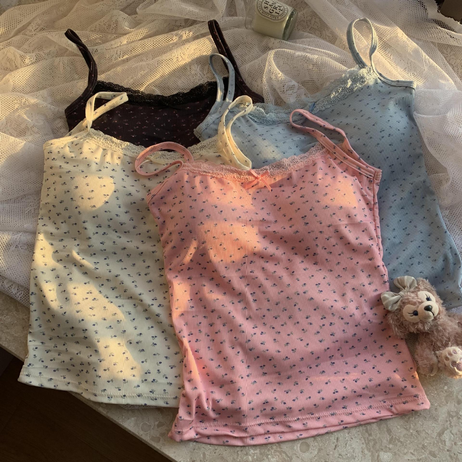 甜辣妹蓝色蕾丝边吊带小背心女夏季bm碎花内搭打底短款带胸垫上衣详情15