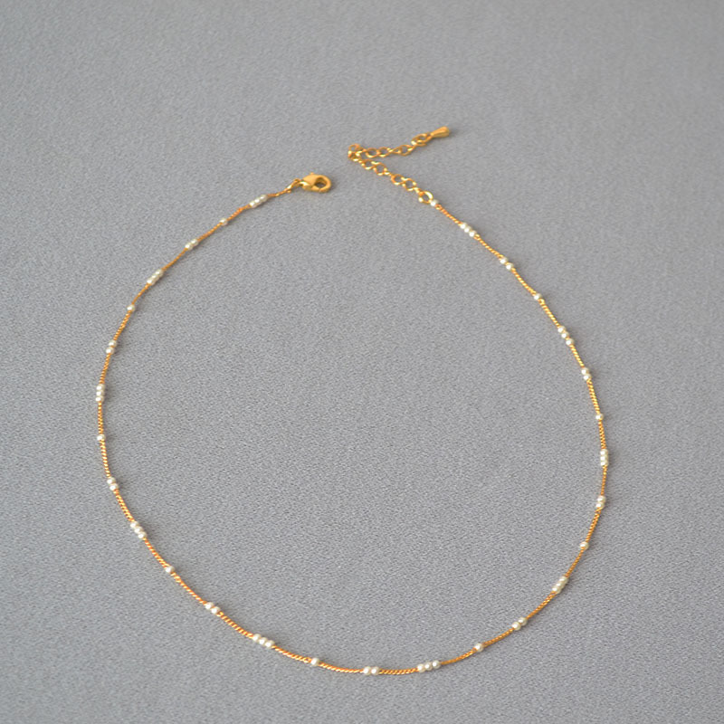 法式小众设计简约迷你baby小珍珠间隔黄铜镀金优雅极细项链锁骨链详情10