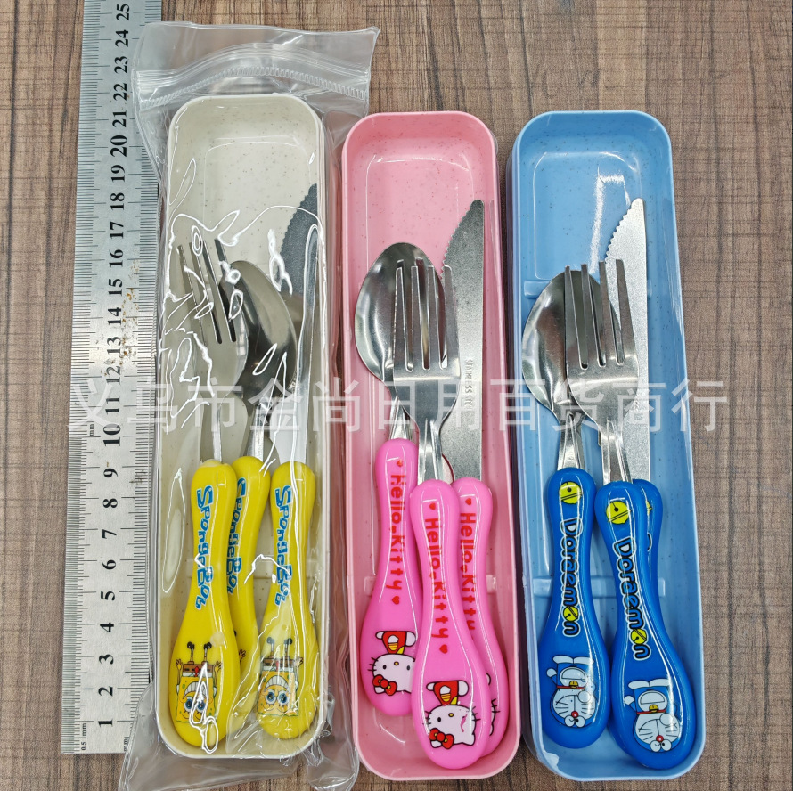 Three-piece cartoon plastic fork, knife and spoon set for students, adults, office workers and outdoor portable tableware storage box pic 11