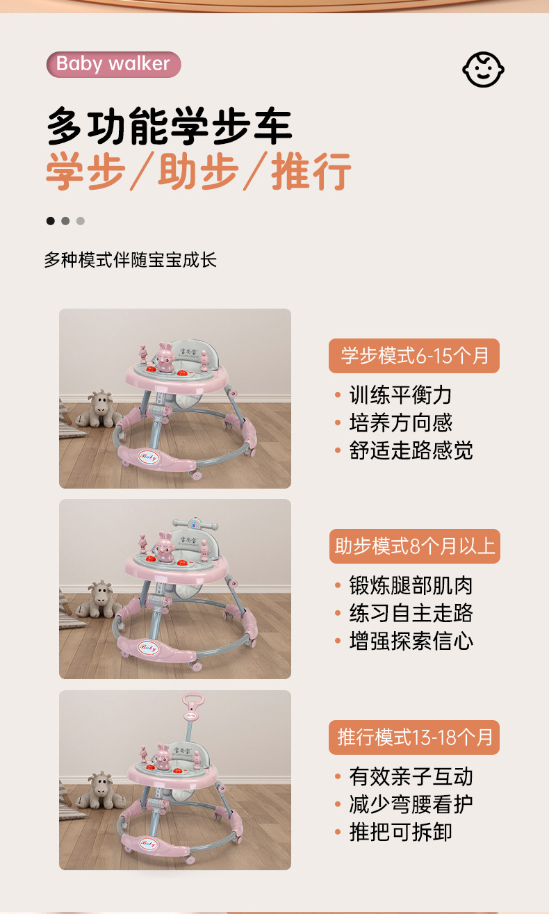 学步车防o型腿多功能防侧翻手推车宝宝可坐自行车推学起步详情5