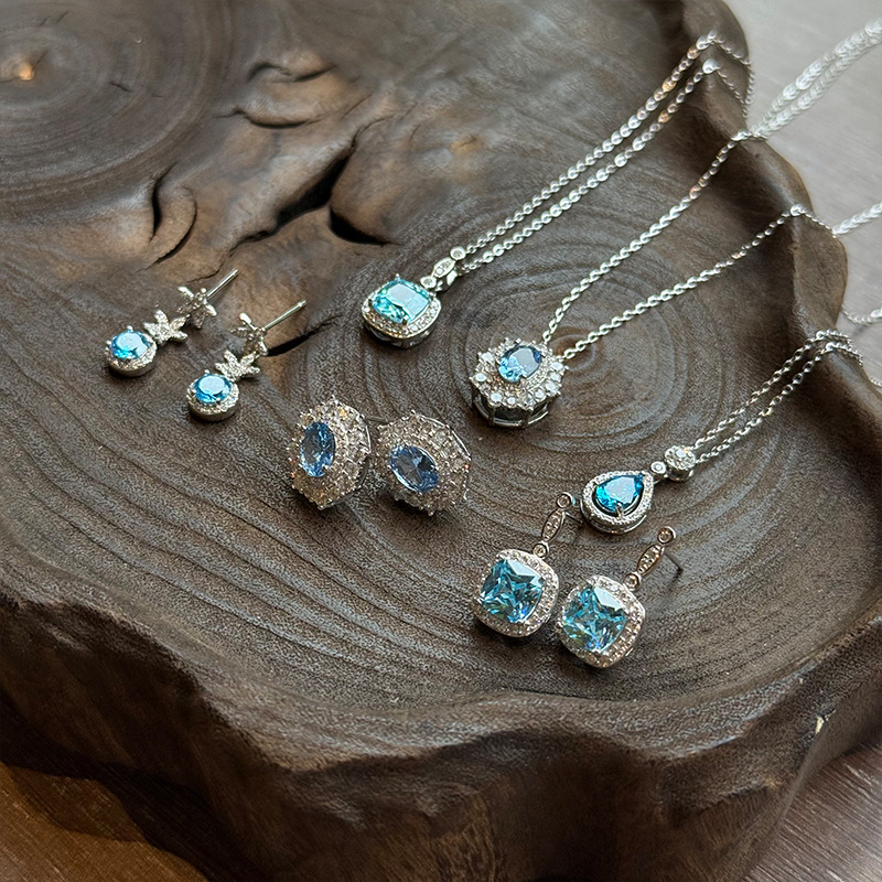 Blue necklace stud earrings collection, all-silver necklace, exquisite and elegant commuting collarbone chain, s925 silver versatile jewelry pic 7