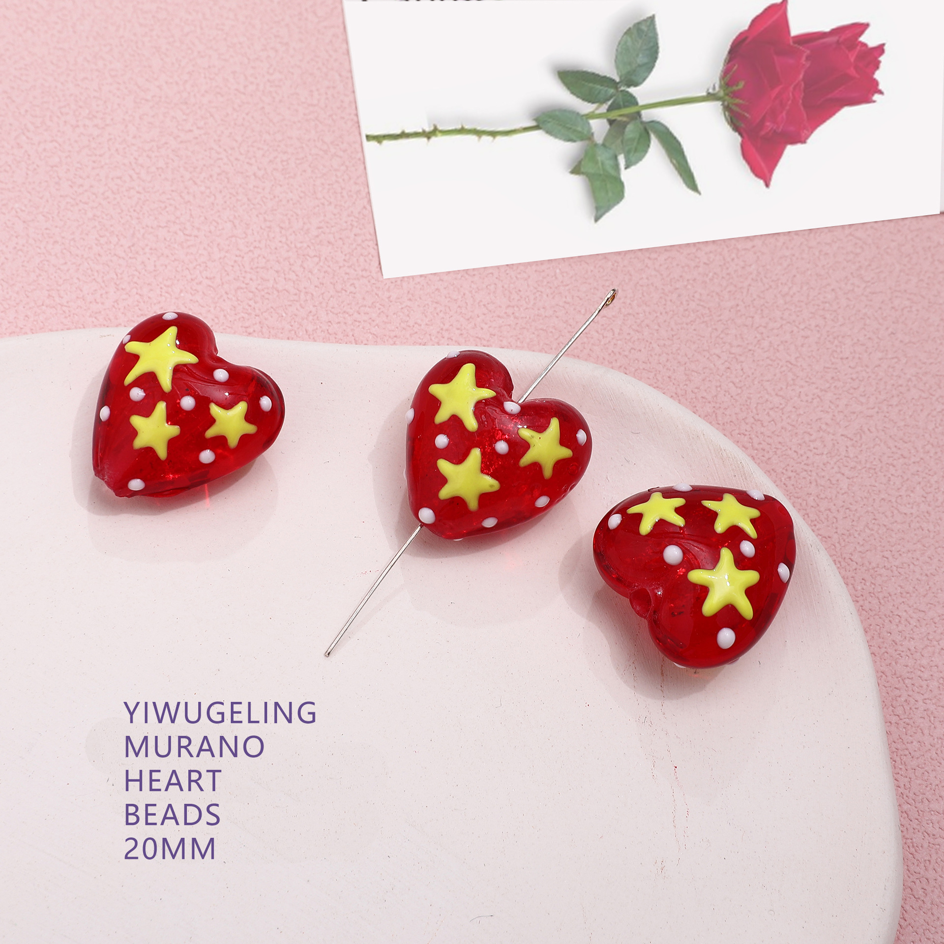 复古手绘花纹红色琉璃爱心桃心大串珠DIY手工手机链项链配件材料详情8