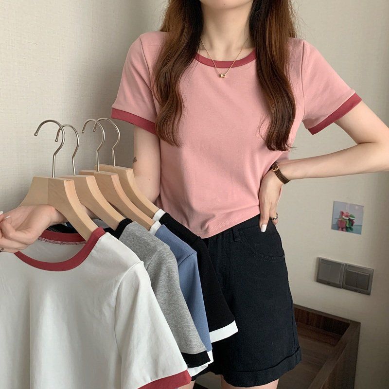撞色圆领短袖t恤女2024年新款夏季打底衫韩版修身短款学生上衣潮详情3