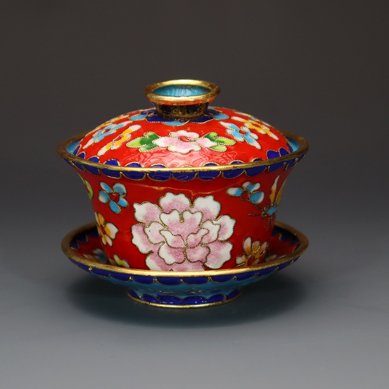Beijing Cloisonne craft cultural gift and decorative items: copper body, cloisonne enamel, filigree, silver blue, large and small tea bowls and covered bowls pic 13