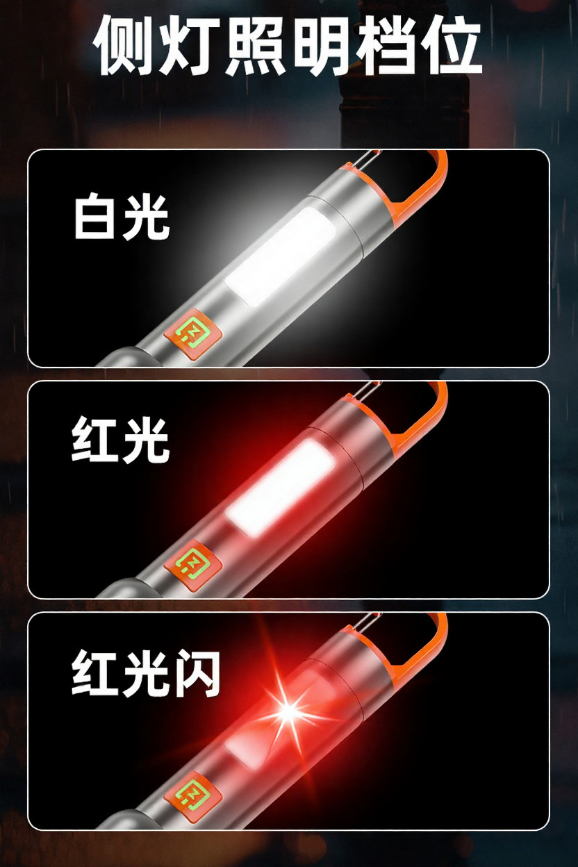 新款白红蓝三光源led手电筒强光远射长续航cob侧灯带挂钩充电手电详情13