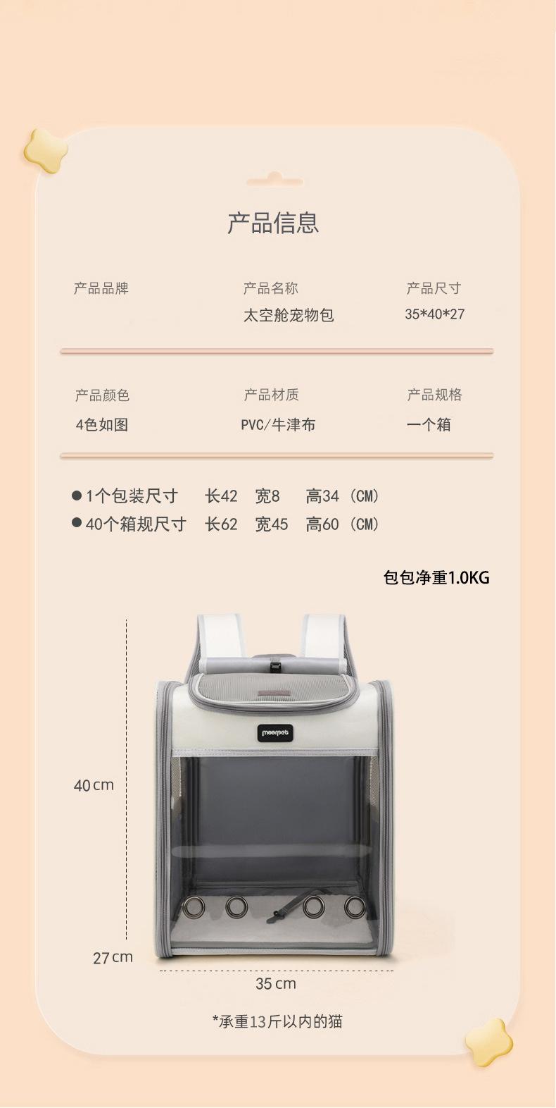 猫包宠物包外出便携双肩背包可手提透气大空间猫咪狗狗背包宠物包详情1