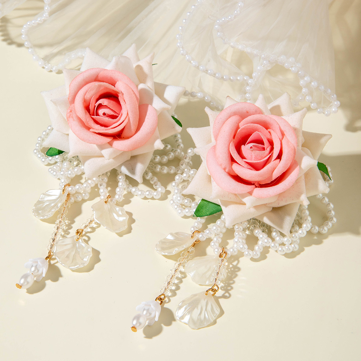 欧美跨境时尚清新布艺花朵流苏串珠优雅甜美情人节礼物耳坠耳环女详情25