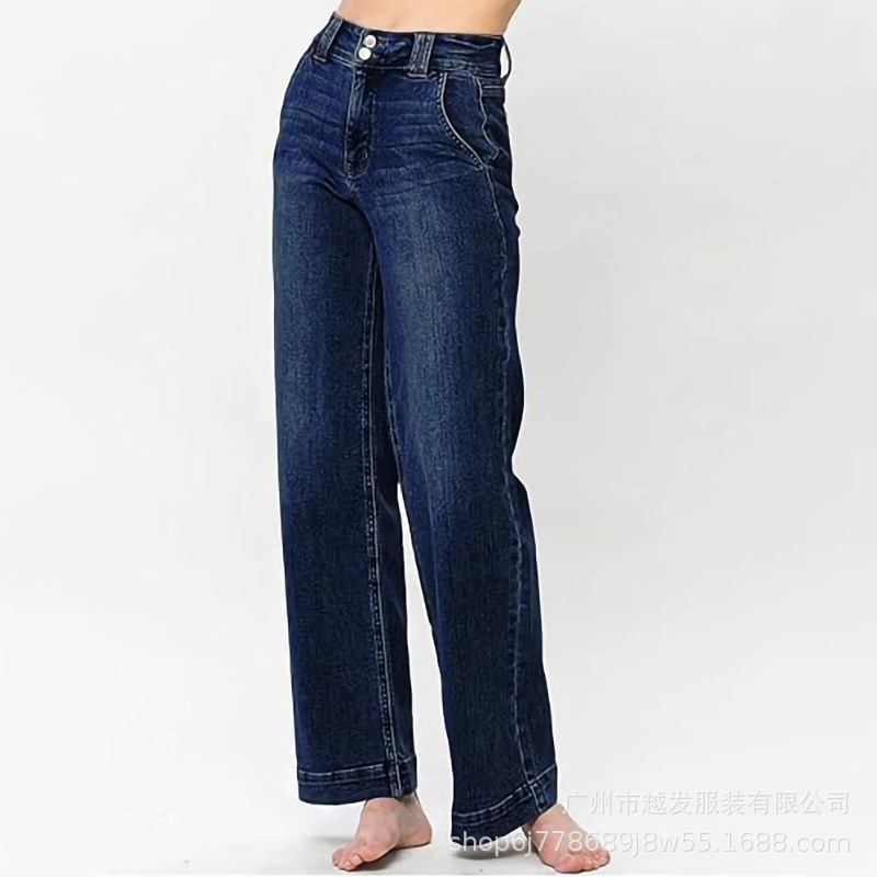 欧美跨境外贸新款亚马逊2025春季新款蓝色水洗直筒气质牛仔裤女装详情12