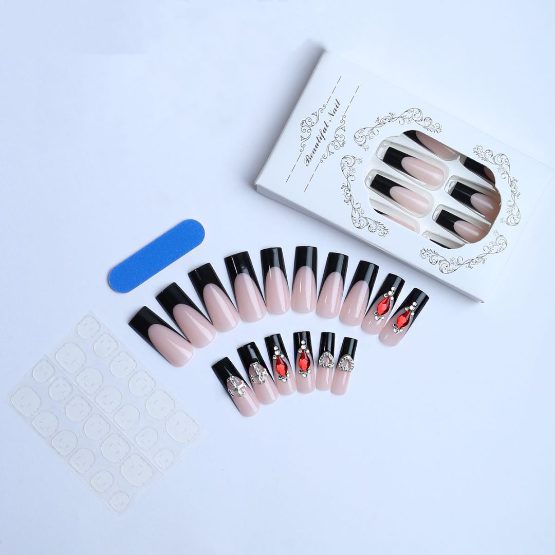 黑色高级感长款法式爱心十字架3D美甲甲片成品假指甲Nails 时尚彩妆美容护肤用品详情7