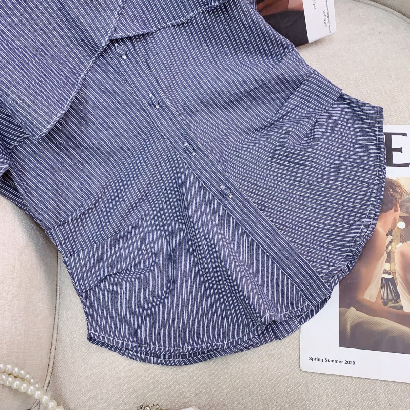 现货UNSP一字肩花边条纹短袖衬衫女2025夏季新款气质收腰显瘦上衣详情13