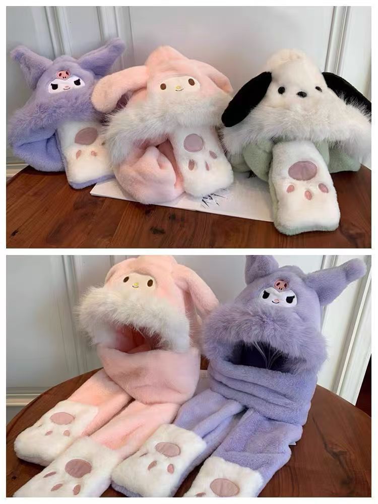 儿童款网红秋冬库洛米围巾帽子手套一体冬季毛绒可爱保暖加厚帽子详情2