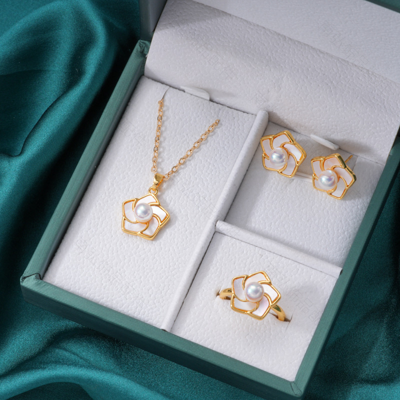 Pearl ring, earneedle pendant, three-piece set, empty stand, four-petal flower, white butterfly shell design, high-end DIY light luxury earrings pic 28