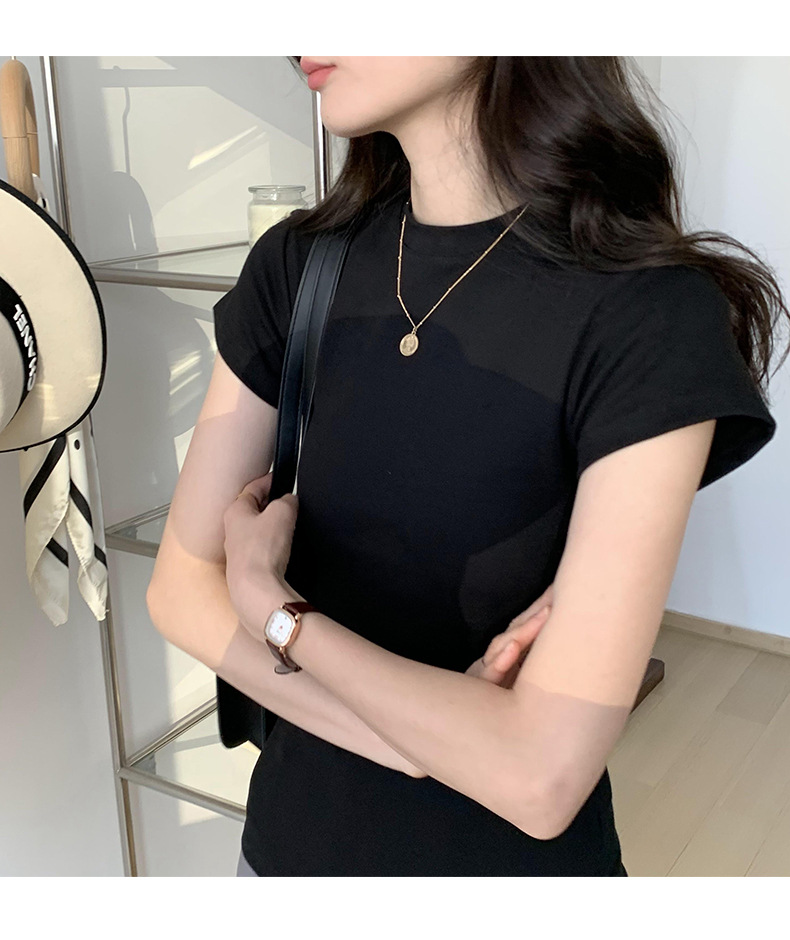 美式纯色正肩短袖t恤女2025ins潮牌辣妹圆领叠穿打底体恤修身显瘦详情30