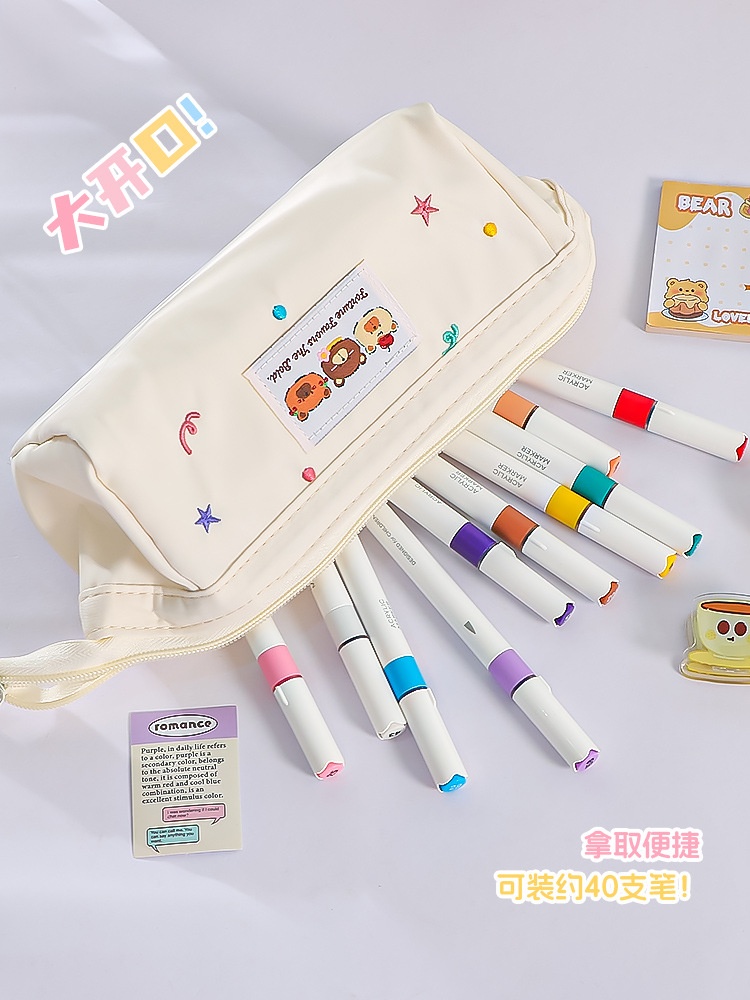 新款日系小众可爱ins三只熊刺绣笔袋大容量高颜值文具收纳袋详情8