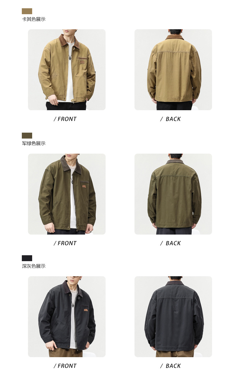 沐丘男装∣潮牌山系户外翻领宽松工装夹克男高级感珠帆布美式外套详情3