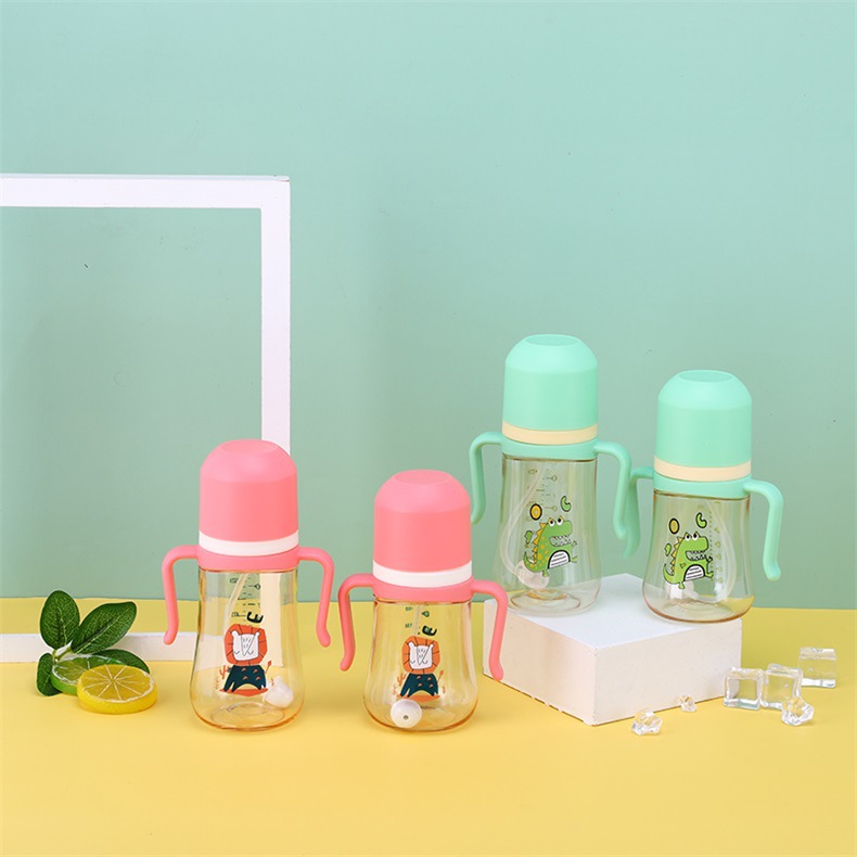 Custom nuevo estilo amplio de calibre doble mango recto con mango para bebés y niños dibujos animados dinosaurio botella antiatragantamiento pajita taza de agua pic 1
